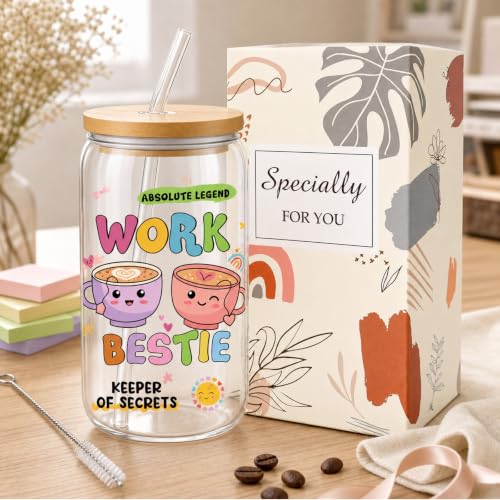 Work Bestie Gifts Glass Cups - Glass Tumbler with Straw and Lid, Cute Coworkers Gift for Women Sister Bestie Best Friend Colleague Teacher Birthday Graduation Christmas Appreciation - style: work bestie