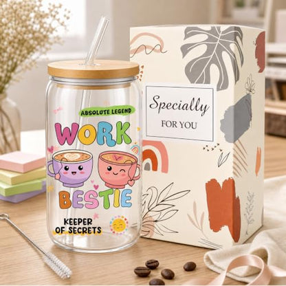 Work Bestie Gifts Glass Cups - Glass Tumbler with Straw and Lid, Cute Coworkers Gift for Women Sister Bestie Best Friend Colleague Teacher Birthday Graduation Christmas Appreciation - style: work bestie