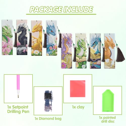 Dragon Diamond Art Bookmarks, Diamond Painting Book Marks for Adults - style: Dragon 8pcs