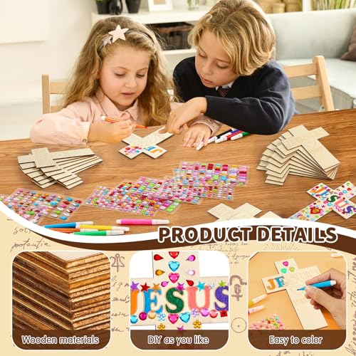 PLUVAVA 36 Sets Wood Cross Crafts DIY Wooden Cross for Christian Jesus Sunday School Vacation Bible School Crafts Supplies with 14 Pieces Stickers and 24 Pieces Watercolor Pens (Classic Style) - size: Classic Style