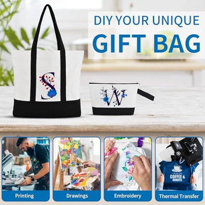 2-Pack Canvas Tote Bags and Makeup Bags, Cotton Zipper Bag, Black - color: Black/White