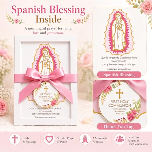 12 Pcs Virgen de Guadalupe First Communion Favors for Guests, Pink Our Lady of Guadalupe Wooden Picture Frames with Satin Bows, Catholic Recuerdos de Primera Comunión, 5.79 x 7.87 in