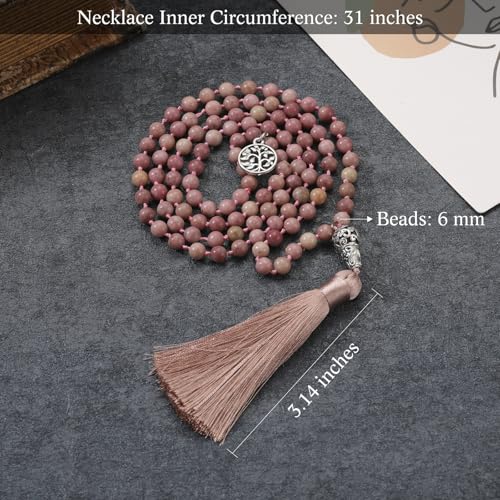 INBLUE 108 Mala Prayer Beads Wrap Necklace with Long Tassel Boho Necklace for Women Amazonite Bead Bracelet with Spiritual Tree of Life Pendant 108 Beads Necklace for Meditation - color: Natural Rhodonite