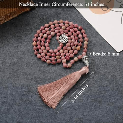 INBLUE 108 Mala Prayer Beads Wrap Necklace with Long Tassel Boho Necklace for Women Amazonite Bead Bracelet with Spiritual Tree of Life Pendant 108 Beads Necklace for Meditation - color: Natural Rhodonite