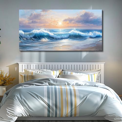 XIGUANGART Beach Pictures Wall Art,Coastal Sunrise Seascape Painting 24x48 - color: Sea Wave Painting, size: 48"L x 24"W
