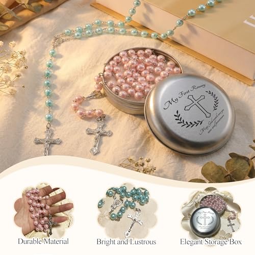 Asix Toy Baptism Rosary Gifts for Girls Boys,My First Rosary with Keepsake Box for Baby Shower Holy First Communion,Christening Gifts from Godmother. (Pink) - color: Pink
