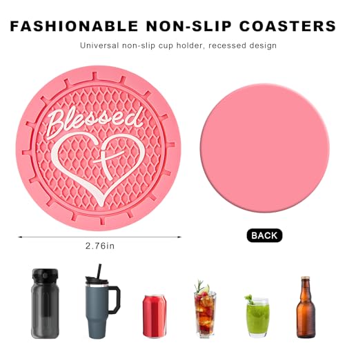 2PCS Car Cup Holder Coaster, 2.76 Inch PVC Anti Slip Car Cup Insert Coaster with Blessed Cross and Heart, Shockproof Dustproof Drink Mat Universal for Most Vehicles Interior (Pink) - color: Pink