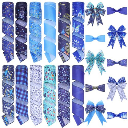 12 Rolls 60 Yard Hanukkah Wired Ribbon for Wreath Craft Bow - style: Hanukkah