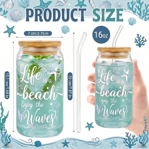 Glass Cups with Lids and Straws, 4Pack, 16oz, Seashell Ocean - color: Beach & Coastal