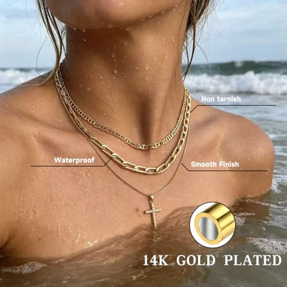 Cross Necklace for Women Stack 14K Gold/Silver Plated Layered Necklace - color: GD