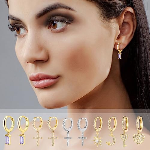 Cross Small Hoop Dangle Earrings 925 Sterling Silver CZ Diamonds Round Huggie Earrings For Men Women - style: blue crystal