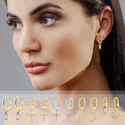 Cross Small Hoop Dangle Earrings 925 Sterling Silver CZ Diamonds Round Huggie Earrings For Men Women - style: blue crystal