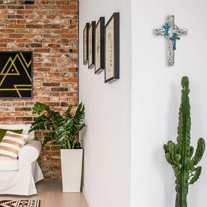 Layered Faux Driftwood Cutout Wall Cross - Resin Rustic Turquoise Crucifix