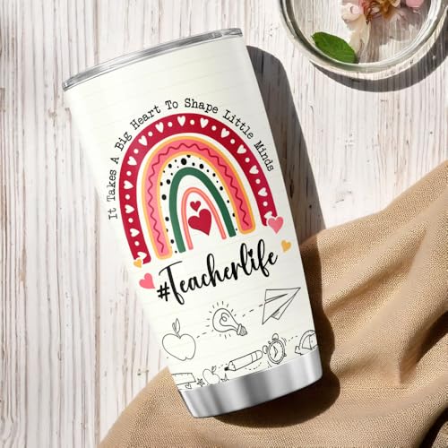 Teacher Appreciation Gift for Women, 20oz Stainless Steel Travel Mug with Rainbow Design and Funny Nutrition Facts, Back to School Thank You Tumbler for Daycare or Preschool - color: Teacher Life Y0