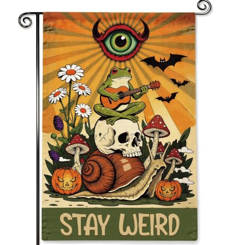 Retro Frog Garden Flag Stay Weird Double Sided Outdoor Decor 12x18 - color: Yellow Stay Weird