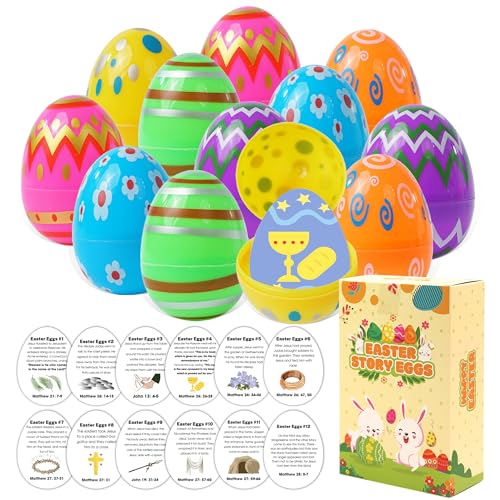 KATINAT 12 Pcs Resurrection Easter Story Eggs with Matching Religious Easter Story Cards,Christian Easter Gifts for Kids, Easter Basket Stuffer for Kids