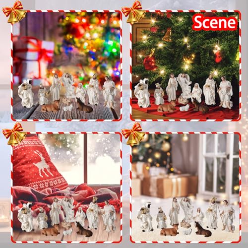 Christmas Nativity Set Figurine,Hand Resin Craft Statue Nativity Scene Indoor,Baby Jesus Holy Family Firguines Statue, Nativity Sets for Christmas Indoor, 11 Pcs - color: White