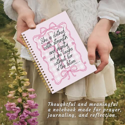 Inspirational Christian Notebook Journal, Coquette Preppy Pink Bow Bible Verse Journal for Women, Pink Girly Office Supplies, Religious Scripture Spiral Notebook 5.5x8.3 Inch - color: Proverbs 31:25-Bow
