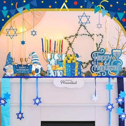 Shellwei 6 Pcs Hanukkah Table Decorations Hanukkah Wooden Table Sign Happy Hanukkah Table Centerpiece Gnome Menorah Hexagram Wooden Signs for Chanukah Home Table Tier Tray Party Decor - style: Hanukkah Style