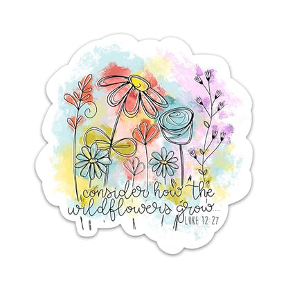 3PCs Consider How The Wildflowers Grow Sticker Inspirational Christian Bible Verse Sticker Faith Religious Scripture Waterproof Vinyl Stickers For Journal Water Bottle Decals Gifts For Women Men 3"x3"