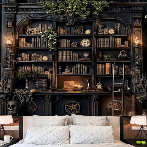TUGCAY Vintage Bookshelf Tapestry, Medieval Gothic Bookcase Tapestry Spooky Library Tapestries Book Skull Backdrop for Bedroom Living Room Dorm Office Wall Decor 60’’ x 50’’ - size: 60"L x 50"W