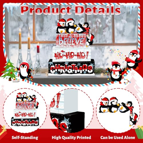 Britimes Christmas Tiered Tray Decor Set, 4 Pack Wooden Table Sign, Penguin - style: Penguin