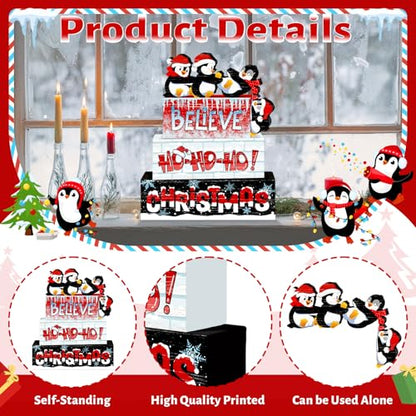 Britimes Christmas Tiered Tray Decor Set, 4 Pack Wooden Table Sign, Penguin - style: Penguin