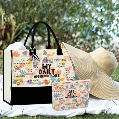 jeilink Inspirational Religious Gifts Boss Mom Birthday Christmas Tote Bag Canvas Reusable Grocery Beach Tote Black Pink - color: Daily Affirmations 1712