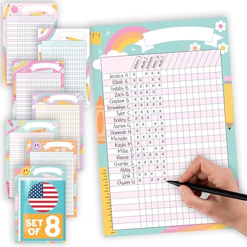Attendance Chart for Classroom -8pc Laminated Chore & Reward Chart for Kids - color: Retro Colorful 1
