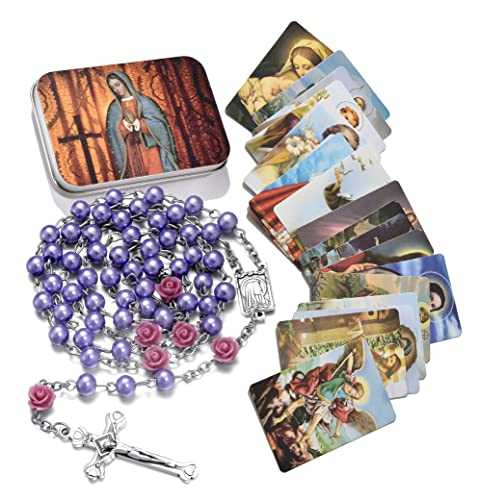 SZQCZB Rosary Beads Catholic Necklace Holy Soil Medal Cross Crucifix with Metal Box and 18pcs Prayer Cards - color: Purple