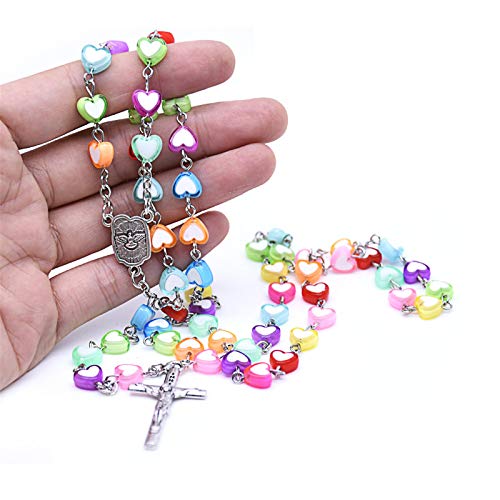 Handmade Wooden Resin Crucifix Rosary Beads Chain Pendant Necklace Colorful Love Heart Catholic Cross Virgin Mary Jesus Necklace for Women Men Religious Lord Praying Jewelry Gift - color: A heart