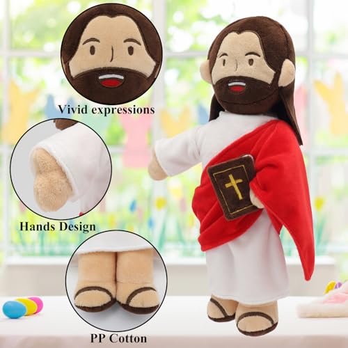Yelakey Jesus Plush - 13.4“ Voice Jesus Plush Toy Speaking 20 Bible Verses and Singing 3 Bible Songs, Religious Stuffed Doll for Kids, Christian Easter Gift for Church and Sunday School - color: Brownred