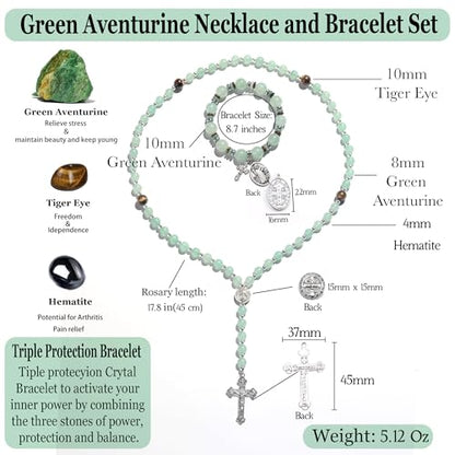 Rosary for Men Women, Natural Stone Beads with St. Benedict Bracelet - color: Green