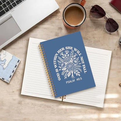 Boho Blue Floral Christian Prayer Notebook Journal, God Is Within Her She Will Not Fall Religious Bible Verse Spiral Hardcover Notebook Journal for Study Office Work, 5.5x8.3 Inch - color: Dusty Blue Flowers & Bible