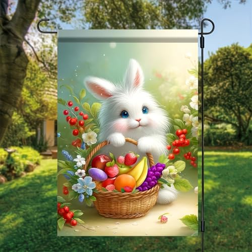 Easter Garden Flag White Bunny Holding Fruit Basket 12x18 Inch Double Sided OutdoolYard Banner for Spring Summer Holiday Decoration Cute Rabbit with Flowers and Fruits GardenDecor - color: Spring Bunny Fruit