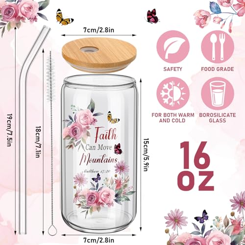 Teenyyou 12 Set of Christian Gifts for Women Bible Verse Glasses Tumbler with Bamboo Lid and Glass Straw 16oz Inspirational Religious Coffee Cup for Back to School Teacher Appreciation Gifts - style: Christian