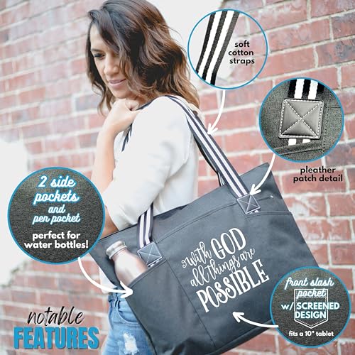 Brooke & Jess Designs Church Bags for Women - Bible Tote Bags for Women, Large Tote Bag for Womens with Zipper - color: With God Tessa Black