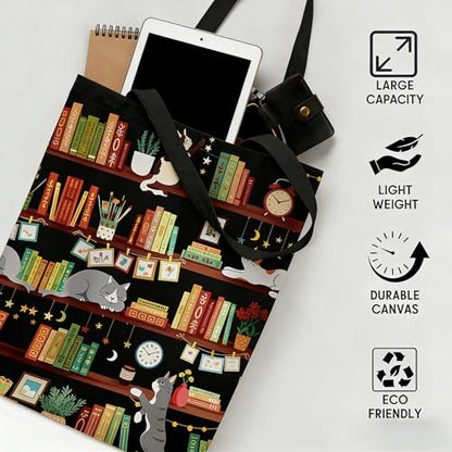 Canvas Tote Bags Reusable Shopping Bag for Women with Zippered Inner Pocket Magnetic Snap Closure - color: Bookshelf Cats