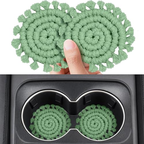 2 Pack Cotton Car Coasters for Cup Holders, Car Cup Coasters Drink Holder Cute Macrame Boho Cup Holders Car Interior Accessories for Women, Girl-Sage Green - color: Sage Green
