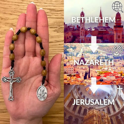 Pocket Rosary, Prayer Beads with Saints Medal and Cross/Crucifix - style: St Therese, 9 Beads, Light Brown Wood, Chaplet Chain