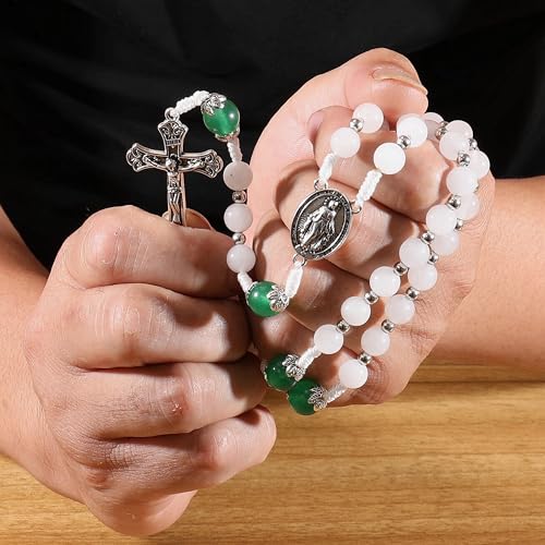 Nazareth Store 8mm White Jade & 10mm Natural Stone Beads Rosary Necklace St. Miraculous Medal & Cross Crucifix Catholic Prayer Beads Religious Jewelry - color: Green Jade