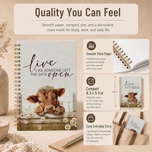 Farmhouse Highland Cow Spiral Notebook, Highland Cow Lover Gifts Journal, Live Like Someone Left the Gate Open Daisy Flower Heifer Hardcover Lined Notebook Journal, 5.5x8.3 Inch - color: pattern-22