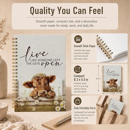 Farmhouse Highland Cow Spiral Notebook, Highland Cow Lover Gifts Journal, Live Like Someone Left the Gate Open Daisy Flower Heifer Hardcover Lined Notebook Journal, 5.5x8.3 Inch - color: pattern-22