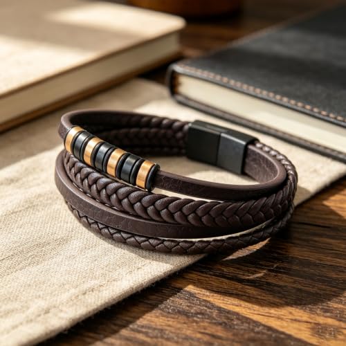 Kim Carrey Italian Handmade Leather Bracelets for Men - color: Brown, size: 8.2"