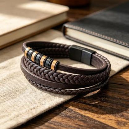 Kim Carrey Italian Handmade Leather Bracelets for Men - color: Brown, size: 8.2"