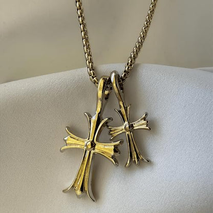 SHINYY Double Cross Necklace for Women and Men | Goth Punk Double Pendant Necklace | Gothic Grunge Religious Jewelry for Him Her - color: Gold 2