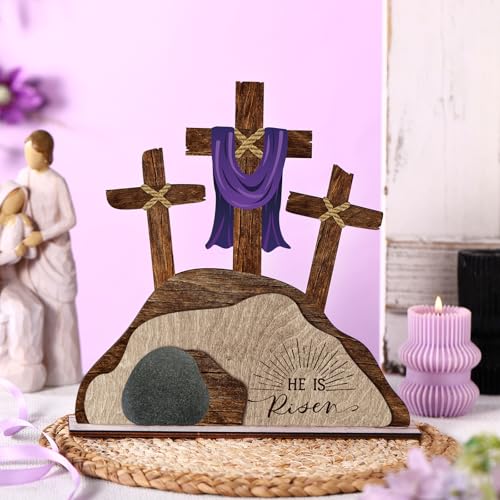 Beeveer Empty Tomb Easter Scene and Cross Decoration He Is Risen Decor Religious Wooden Tabletop Signs Christian Table Centerpiece for Easter Birthday Rustic Farmhouse Home Spring Decor(Retro Style) - style: Retro Style