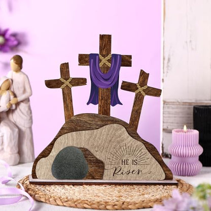 Beeveer Empty Tomb Easter Scene and Cross Decoration He Is Risen Decor Religious Wooden Tabletop Signs Christian Table Centerpiece for Easter Birthday Rustic Farmhouse Home Spring Decor(Retro Style) - style: Retro Style