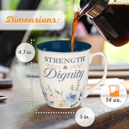 Christian Art Gifts Large Ceramic Inspirational Scripture Coffee & Tea Mug for Women: Strength & Dignity Encouraging Golden Bible Verse, Non-toxic Lead/Cadmium-free Cup, White & Blue Floral, 14 oz. - color: Blue/Strength & Dignity