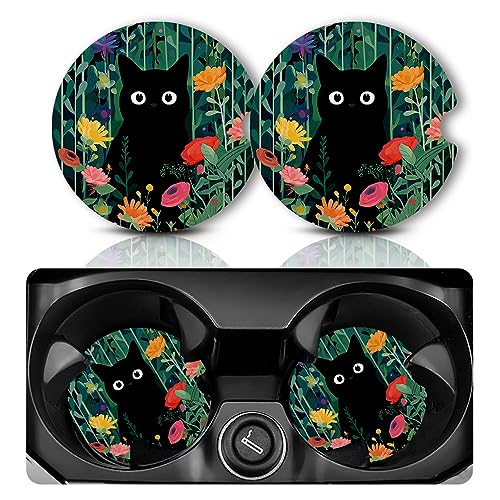 Yonlevres Car Coasters for Cup Holders, Flower Black Cat, 2 Pack - color: Flower Balck Cat